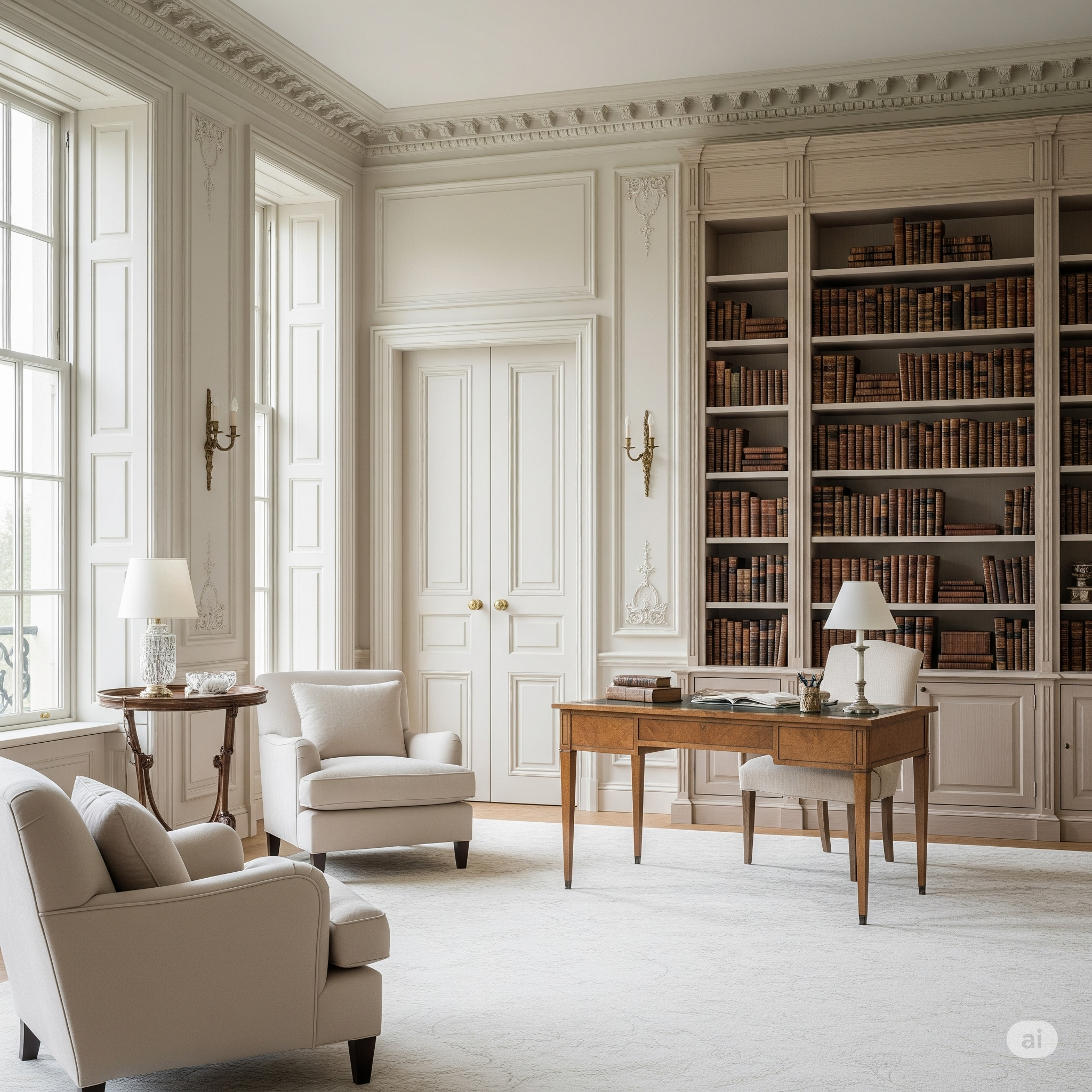 Elegant study or library room with white paneled walls, large windows, a wooden desk with books, a white chair, a beige armchair, a small round table with a lamp, and tall bookshelves filled with leather-bound books.