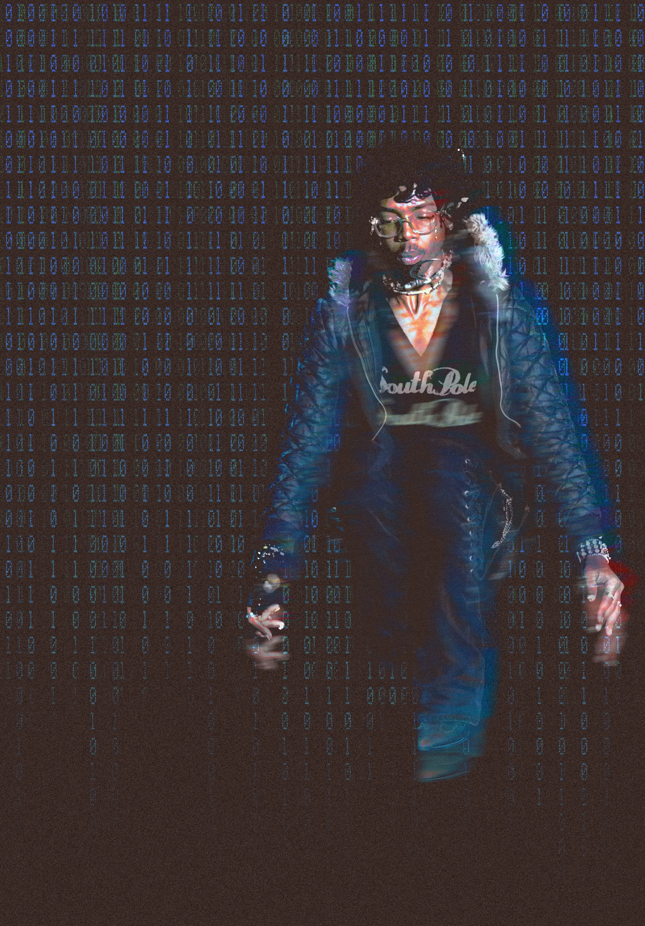 A person wearing glasses and a "SouthPole" sweatshirt, posing with digital binary code (zeros and ones) overlaid on the image.