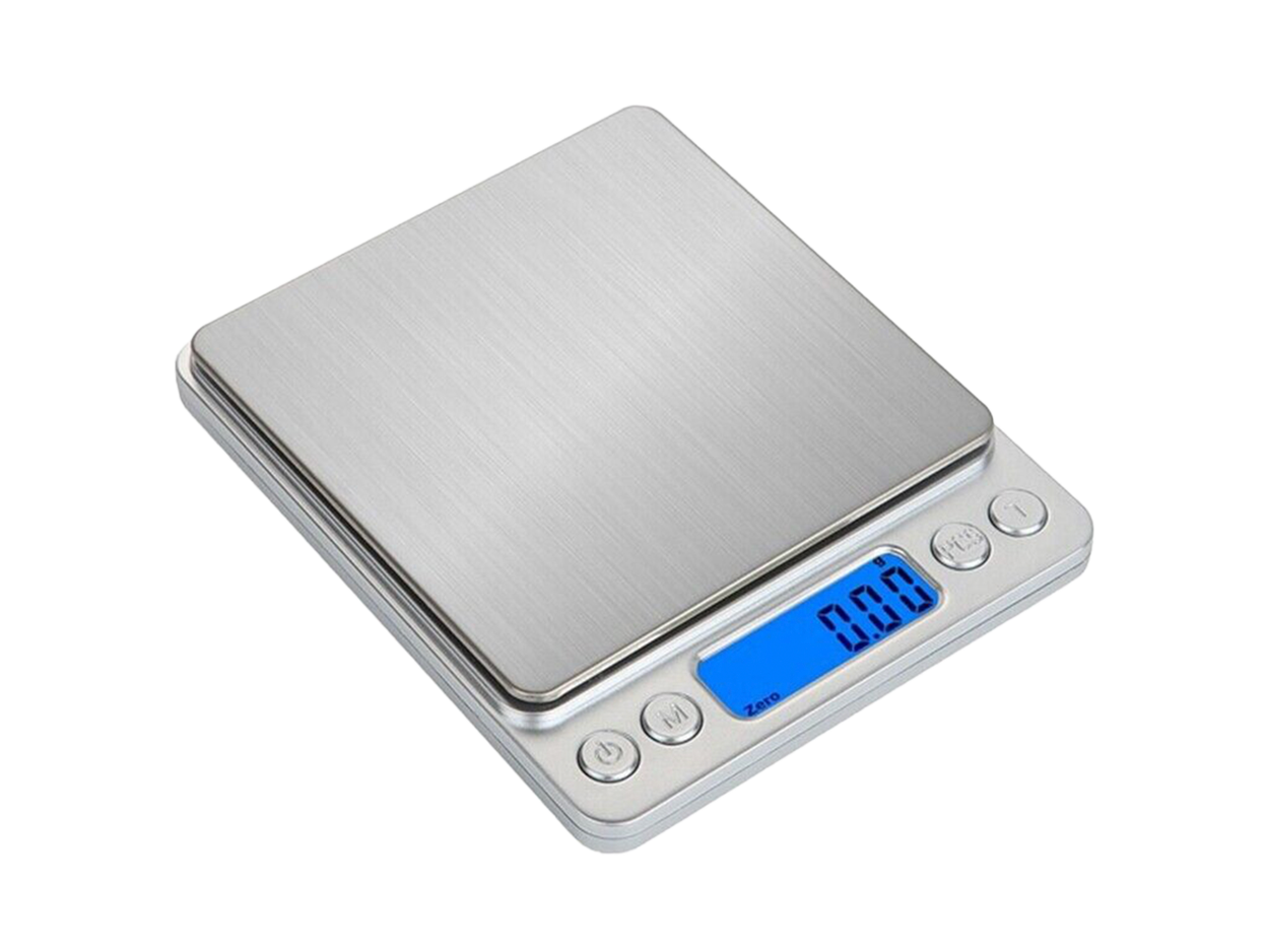 Silver digital kitchen scale displaying 0.00 pounds.