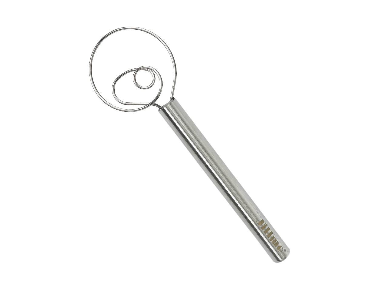Stainless steel egg beater with a handle and circular wire whisk attachment.