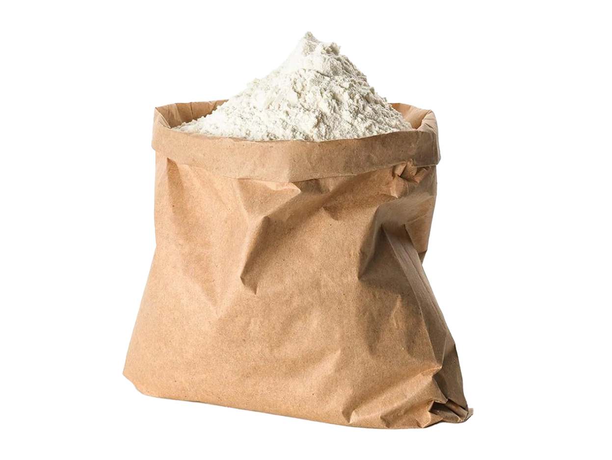 A paper bag filled with white flour.
