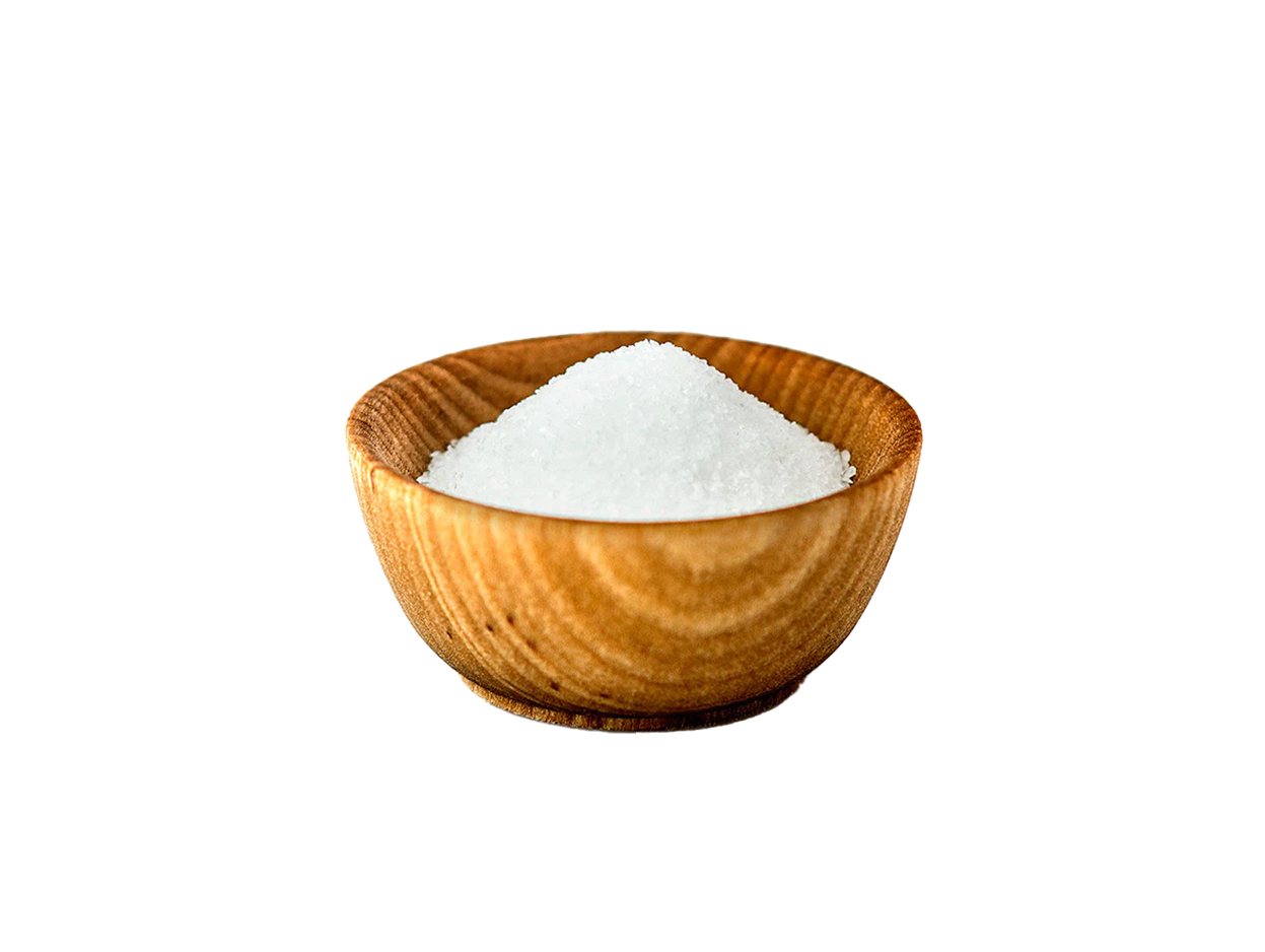 Wooden bowl filled with white granulated salt on a white background.