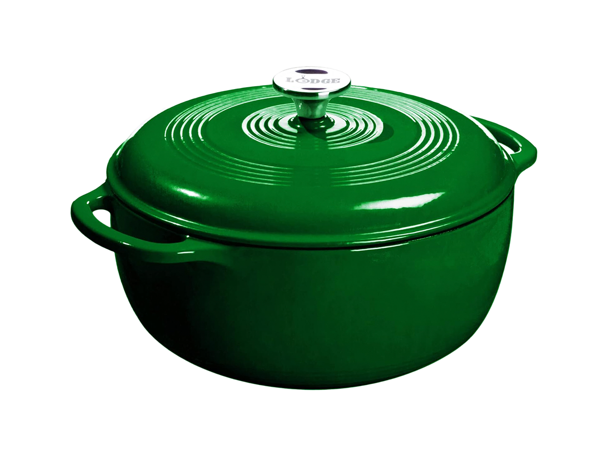 A bright green cast iron Dutch oven with a lid that has a handle on top, and the lid has a label that reads 'Lodge'.