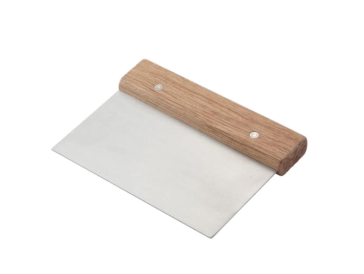 A putty knife with a wooden handle and a metal blade.