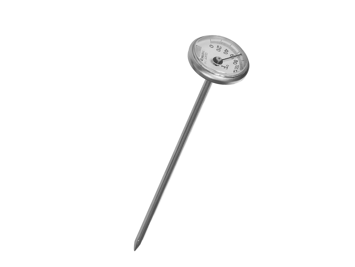 A metal outdoor cooking thermometer with a round dial face showing temperature in Fahrenheit.
