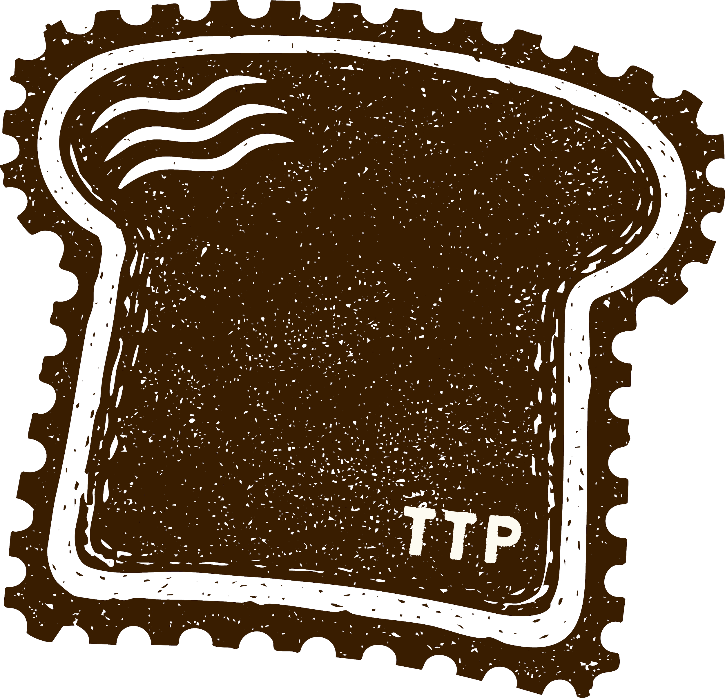A postage stamp featuring a piece of bread with the initials "TTP" printed on it.