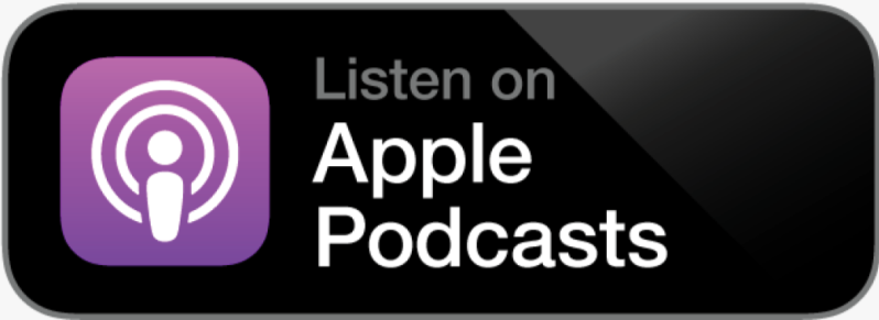 Apple Podcasts logo with 'Listen on Apple Podcasts' text on a black background.