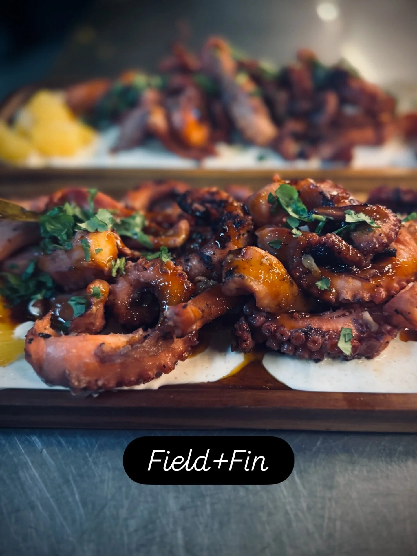 Just a little sneak peek at our grilled octopus served on a bed of cumin cream with a paprika mojo. I mean, come on! You know that&rsquo;s tasty!!