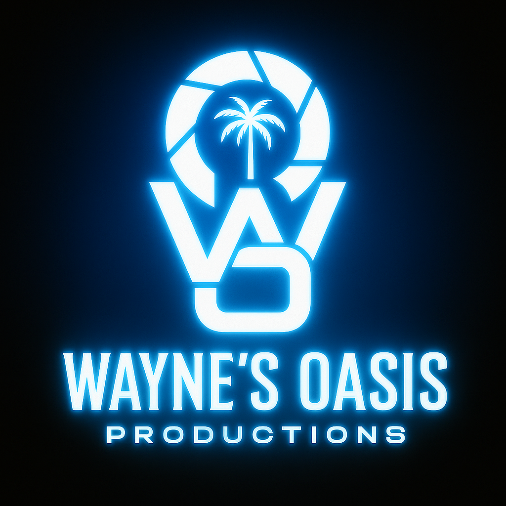 A glowing neon sign logo for Wayne's Oasis Productions featuring a palm tree inside a stylized speech bubble or circular shape, with the text "WAYNE'S OASIS PRODUCTIONS" beneath it.