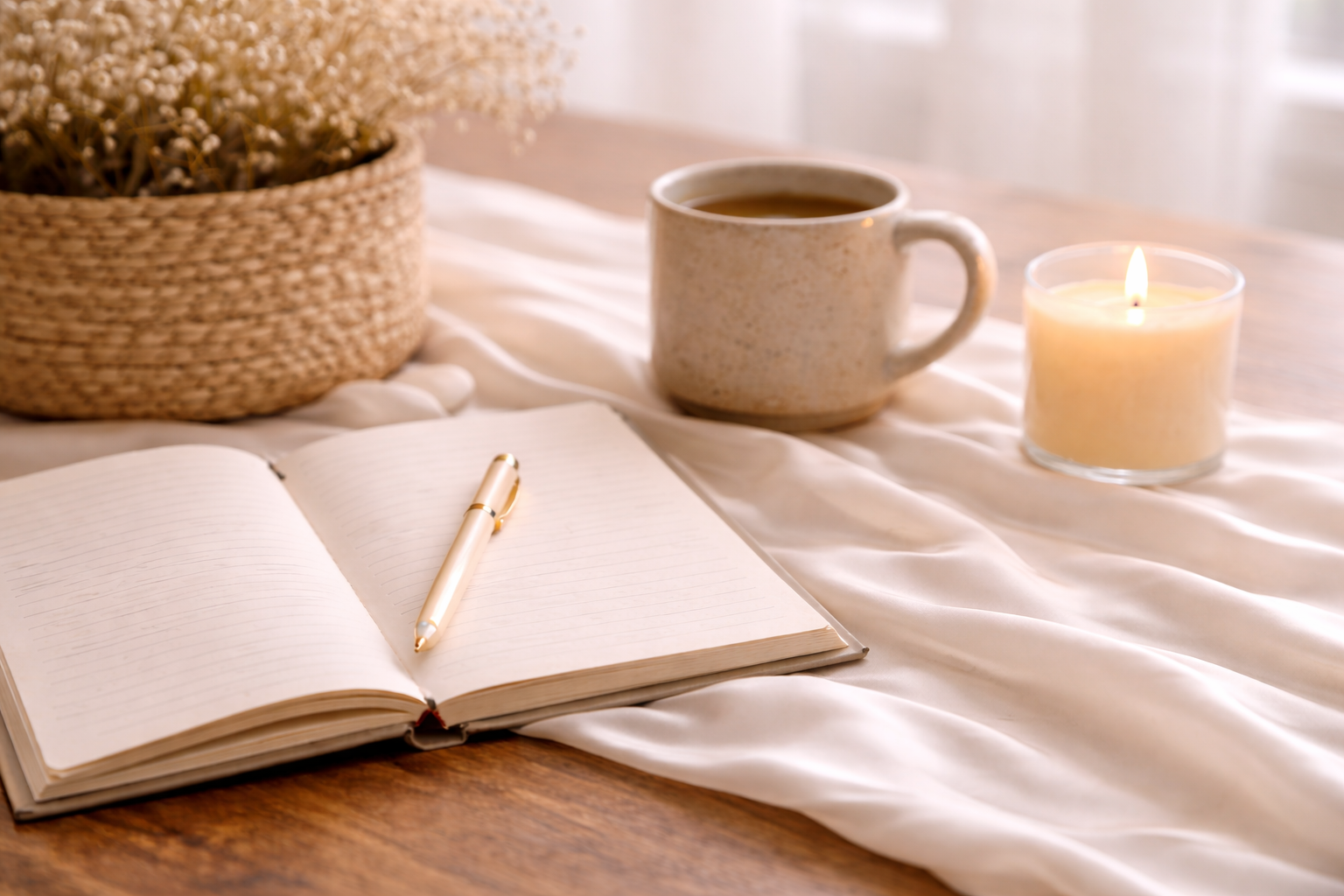A calm, restorative space featuring journaling, tea, candlelight, and natural textures that reflect reflection, nervous system support, intentional routines, and holistic wellness through Root & Rhythm Holistic Care.