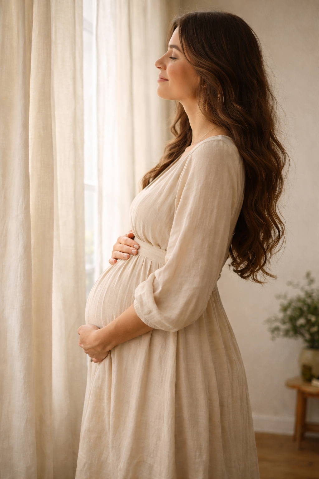 A pregnant woman with long, wavy brown hair standing by a window with beige curtains, smiling softly with her eyes closed, wearing a beige dress.