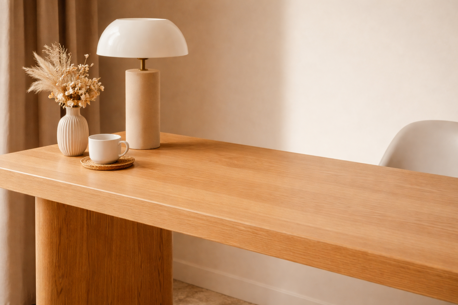 Wooden dining table with a white ceramic lamp, a white vase with dried flowers, and a white mug on a cork coaster in a minimalistic room.