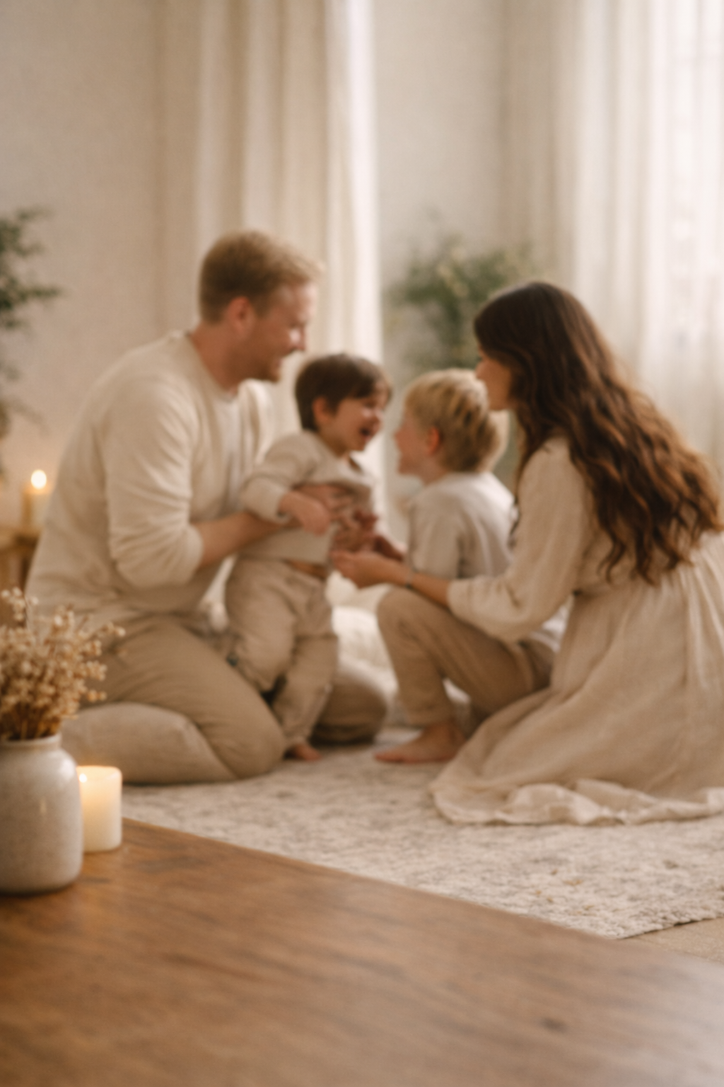 A happy family of four, including two children, sitting on the floor of a cozy, warmly lit room. The parents are playing and sharing a joyful moment with their children, all dressed in light-colored clothing. There's a candle and a vase with dried flowers in the foreground.
