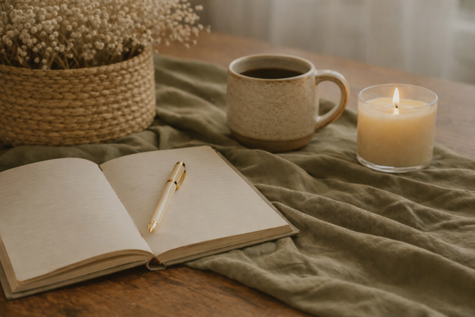 Warm, cozy workspace with an open journal, coffee, candlelight, and dried florals representing reflection, nervous system restoration, intentional routines, and holistic motherhood wellness at Root & Rhythm Holistic Care. A grounded space for growth.