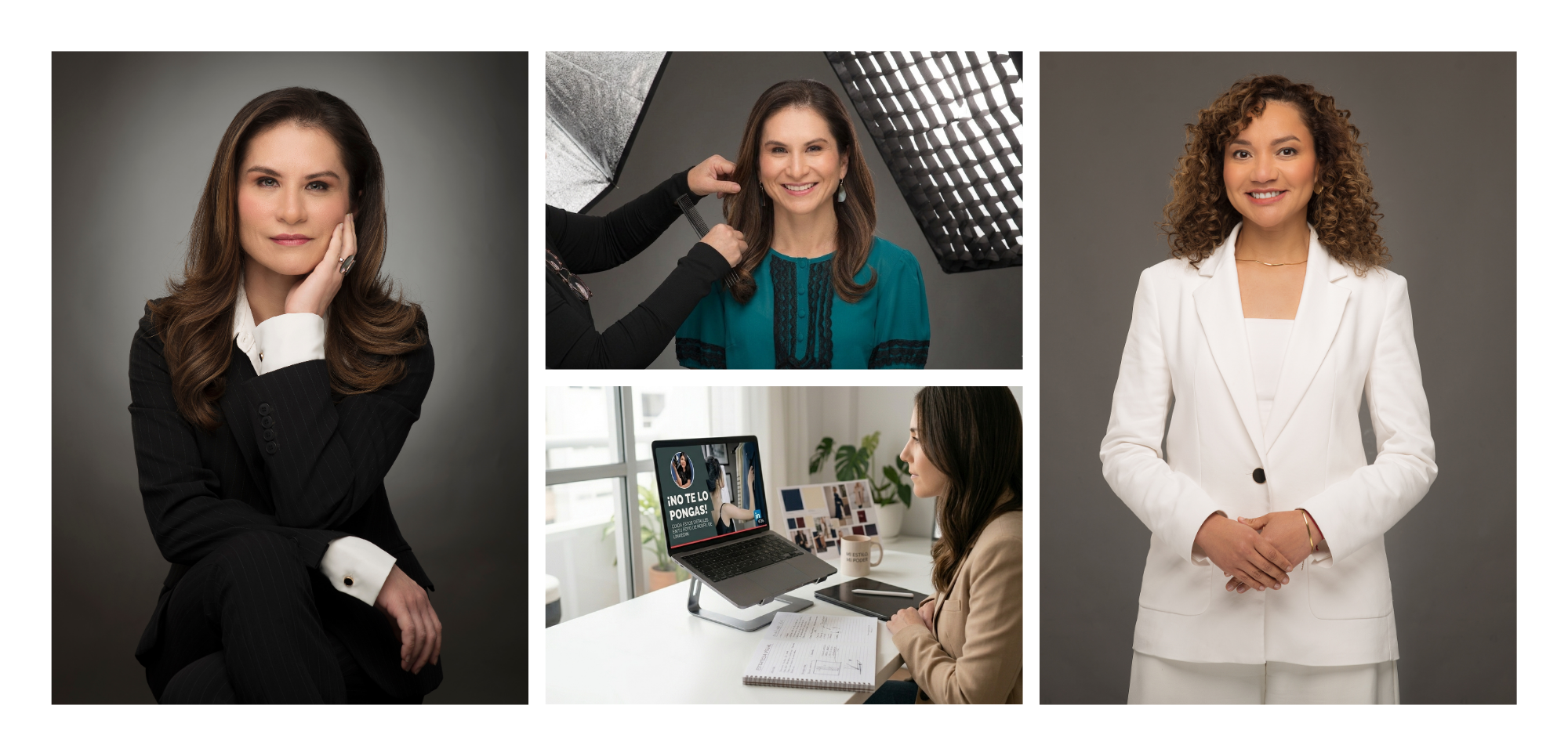 Collage de marca personal para ejecutivas: retratos de corte editorial en estudio, sesión de maquillaje profesional y asesoría de imagen con Roxana Casas.
