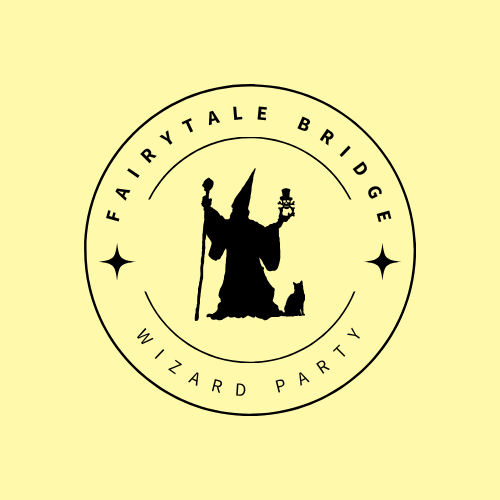Logo with a silhouette of a wizard holding a staff and a cat, surrounded by the text 'Fairy Tale Bridge Wizard Party' and decorative stars.