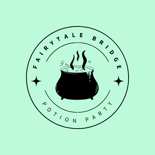 Logo for the Fairy Tale Bridge Potion Party, featuring a black cauldron with steam rising from it, encircled by text.