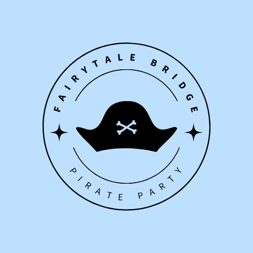 Logo for a pirate-themed party called 'Fairy Tale Bridge Pirate Party', featuring a pirate hat with crossed bones.