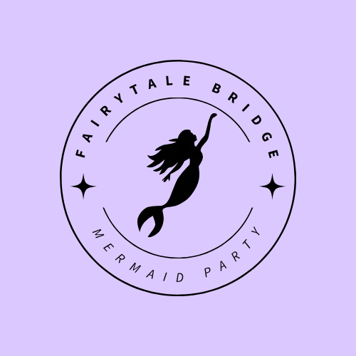 A circular logo with a black silhouette of a mermaid raising her arm, surrounded by the text "Fairy Tale Bridge Mermaid Party" on a light purple background.