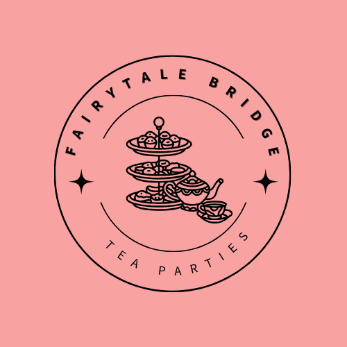 Fairy Tale Bridge Tea Parties logo with a pink background, featuring a black outline illustration of a tea set with a teapot, cups, and plates of cookies.
