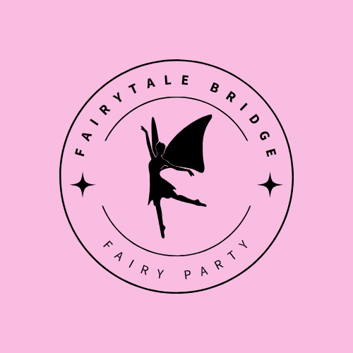 Logo for Fairy Tale Bridge Fairy Party with a fairy silhouette in a circle on a pink background.
