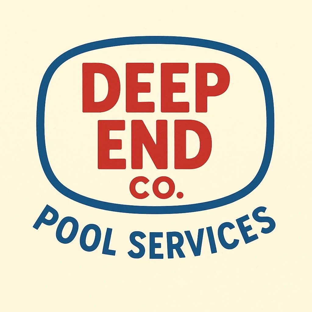 Logo for Deep End Co. Pool Services with red text inside a blue oval, and blue text below reading Pool Services on a light background.