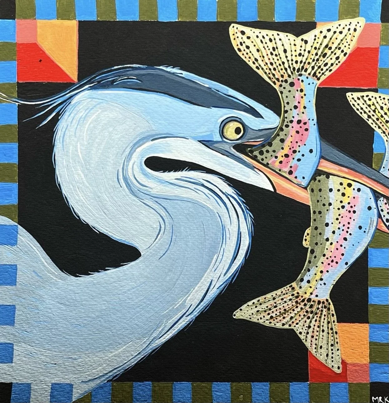 Blue heron with three rainbow trout in its beak, with a colorful border