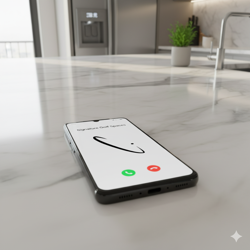 Smartphone on a white marble kitchen counter displaying an incoming call from 'Signature Golf Space'.