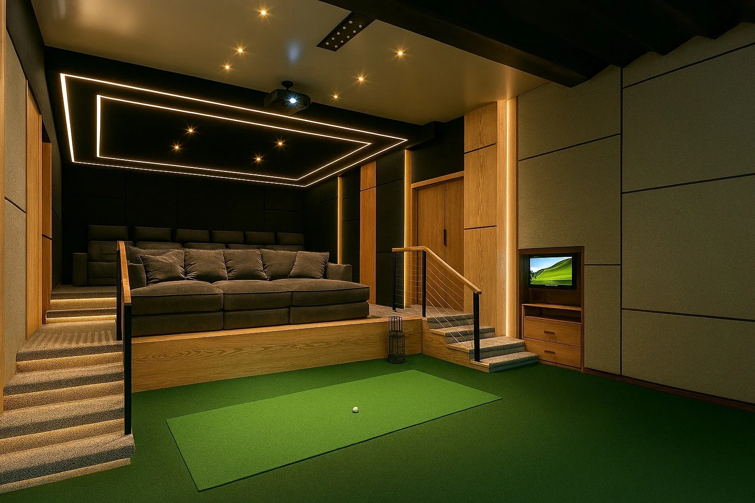 "Dual-purpose home cinema and golf simulator room with 4k laser projector.