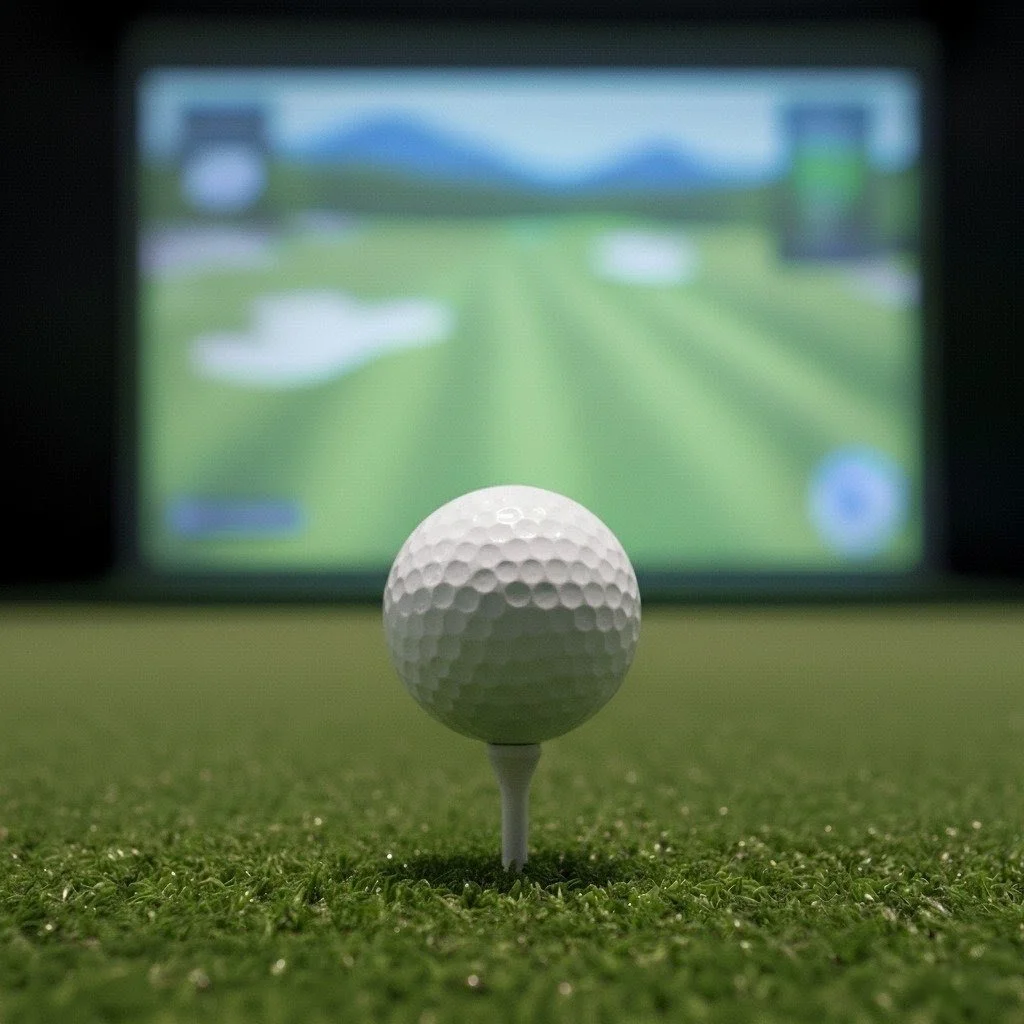 Golf ball placed on tee on artificial grass with golf simulation screen in background.