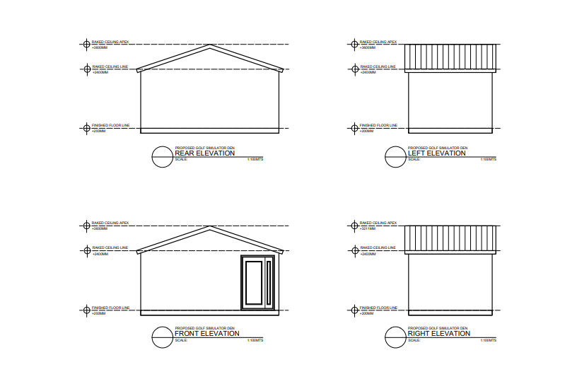 3D architectural elevation plans for a custom backyard golf simulator studio.