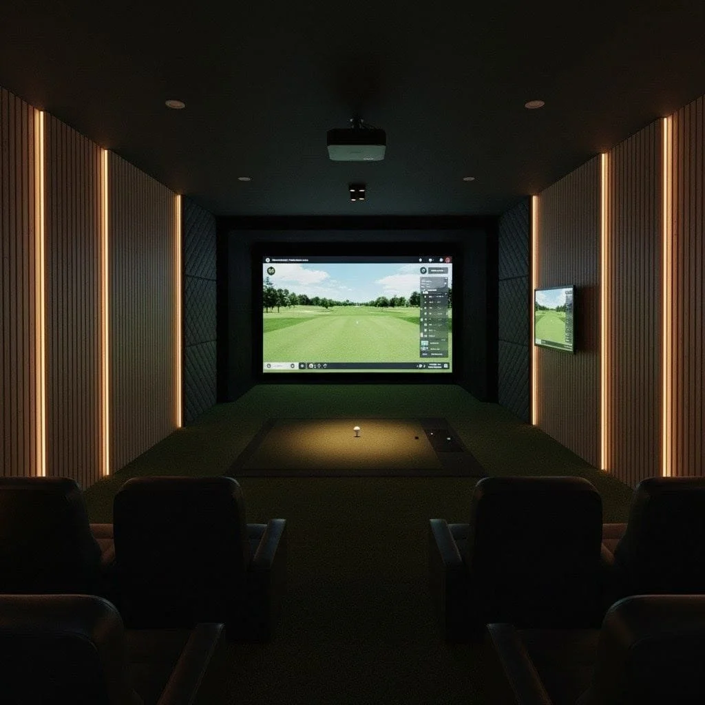 Indoor golf simulation room with chairs facing a large screen displaying a virtual golf course, illuminated by vertical strip lights on the walls.