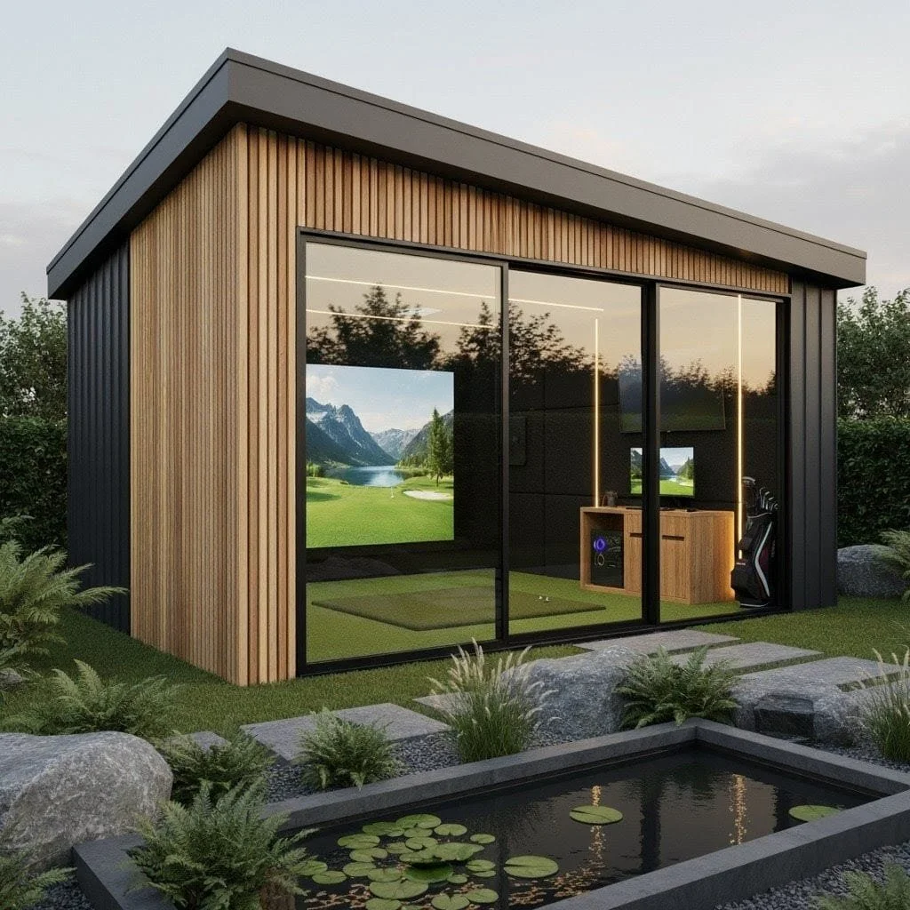 Custom built outdoor golf room and home office studio by Signature Golf Spaces