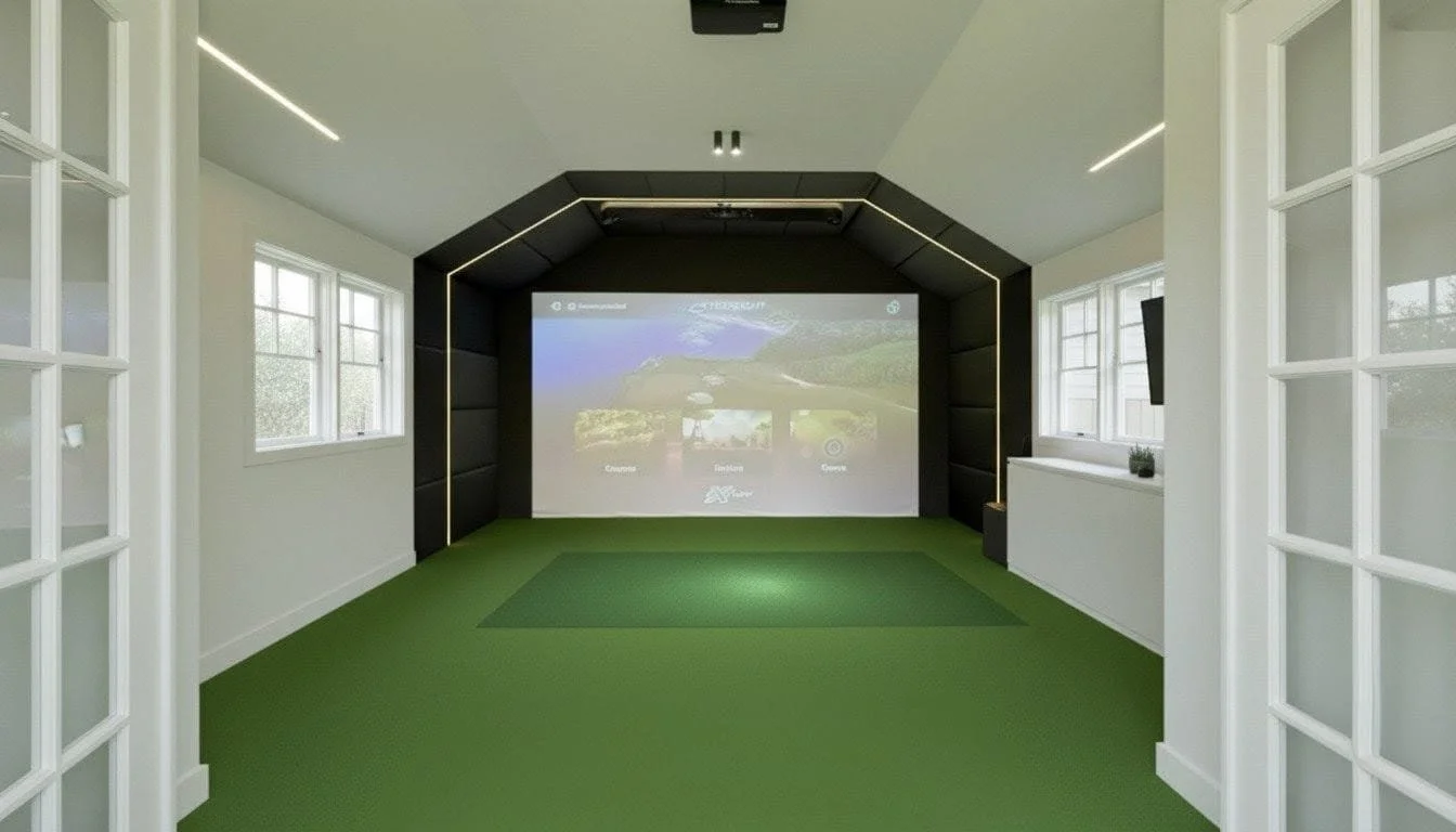 Interior of luxury home golf simulator room with impact screen and premium astroturf.