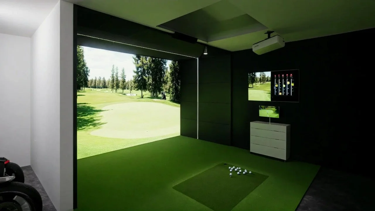 "Custom TrackMan golf simulator setup in a converted garage Sydney.
