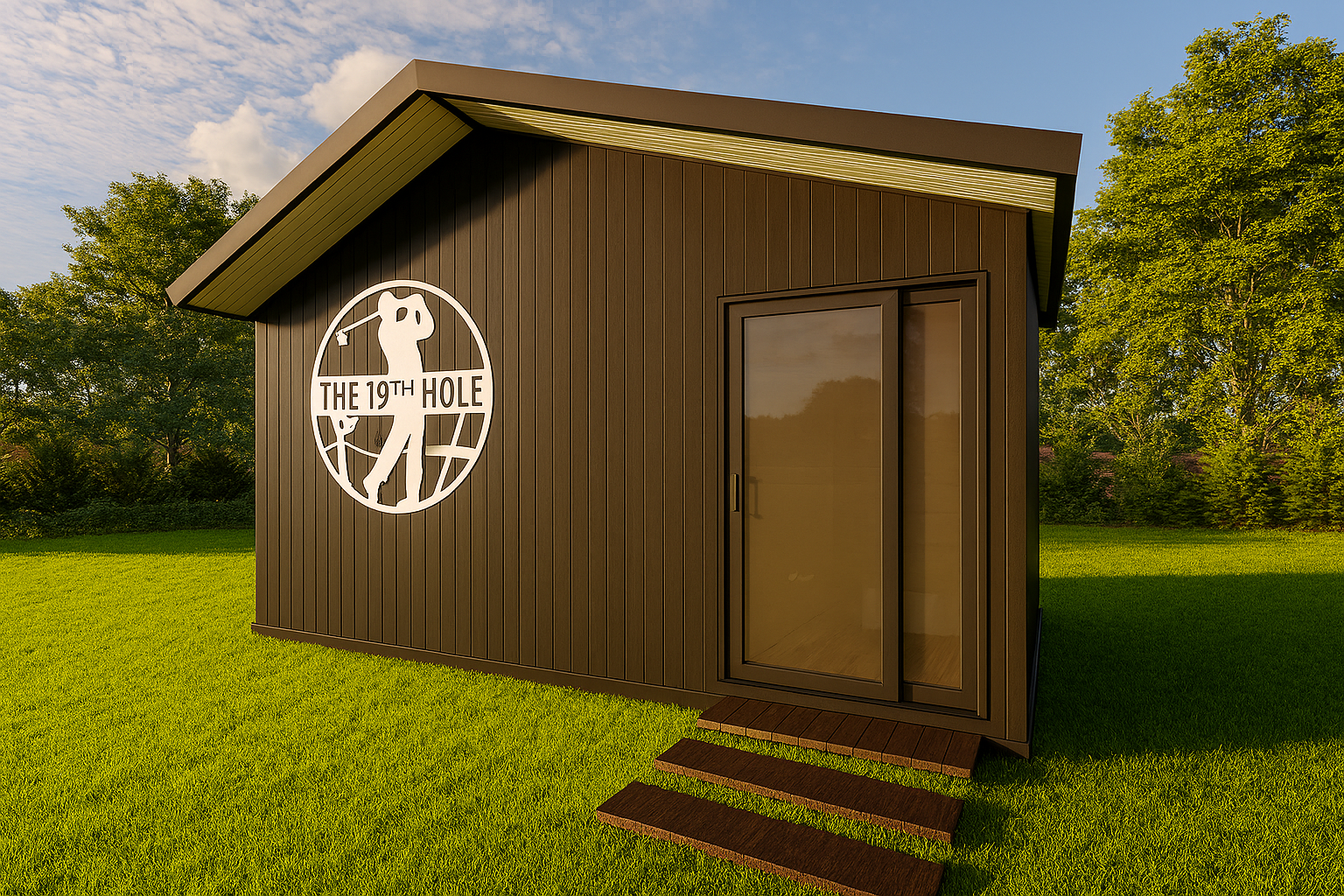 Custom built outdoor golf room and home office studio by Signature Golf Spaces