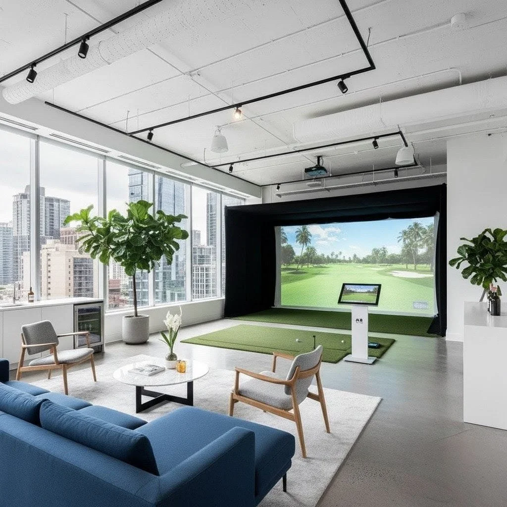 Indoor golf simulation room with a large screen displaying a golf course, a small putting green, seating area with chairs and a sofa, and large windows showing city buildings outside.