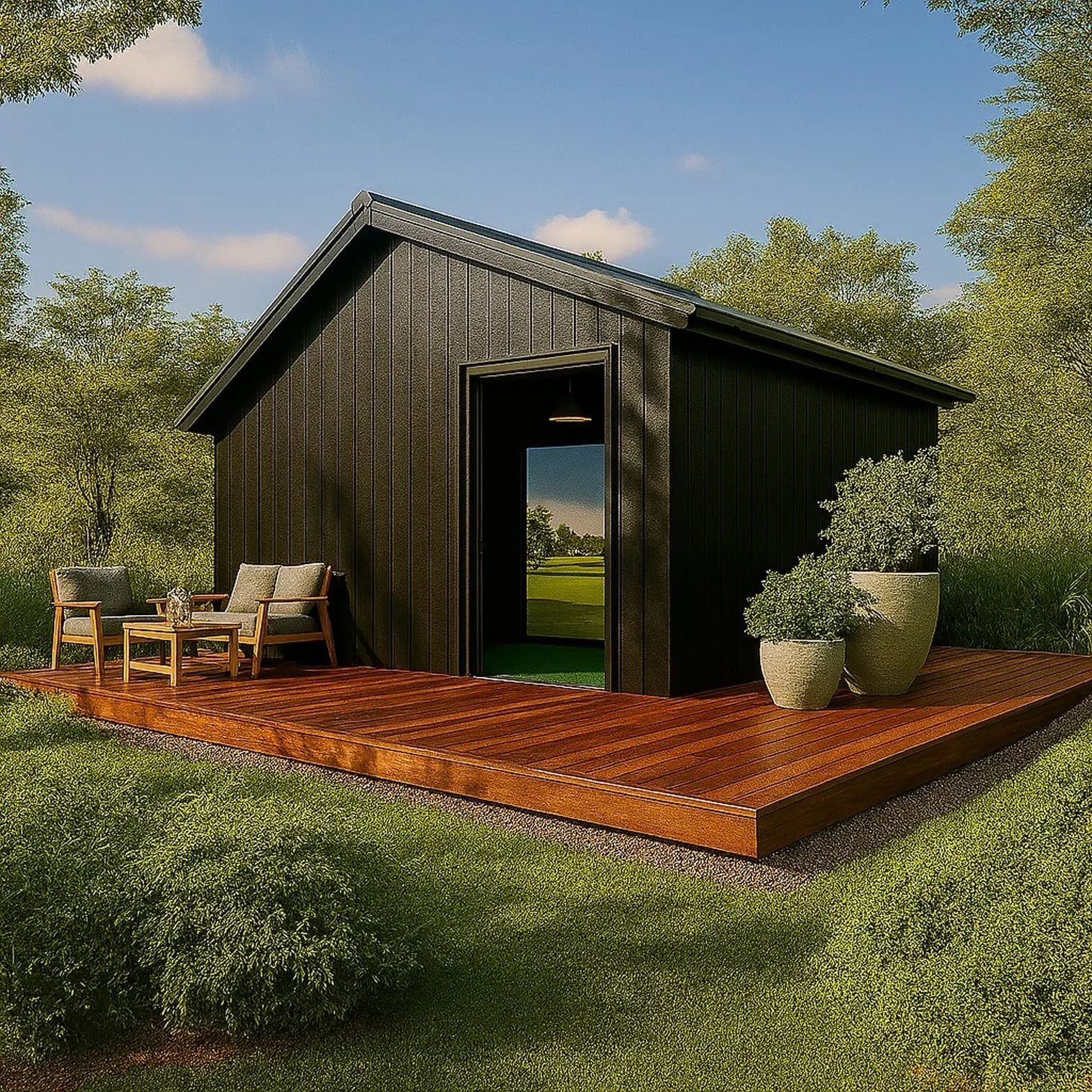 A small black house with a sloped roof sits on a wooden deck with outdoor furniture and potted plants, surrounded by greenery and trees under a clear blue sky.