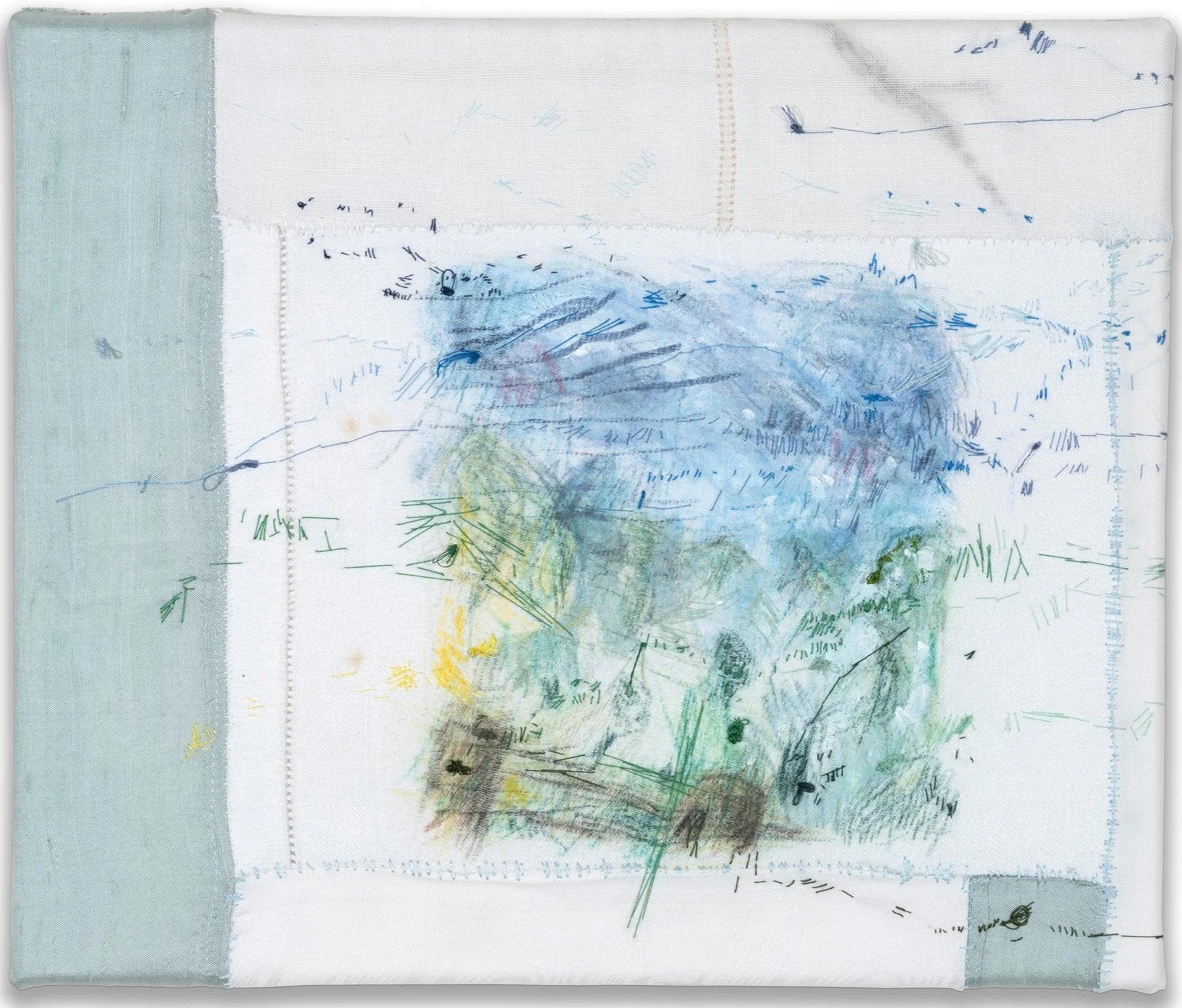 The farm Byron Bay, 2025
Antique textiles, cotton thread, watercolour pencils, wax crayons
30 x 25 cm