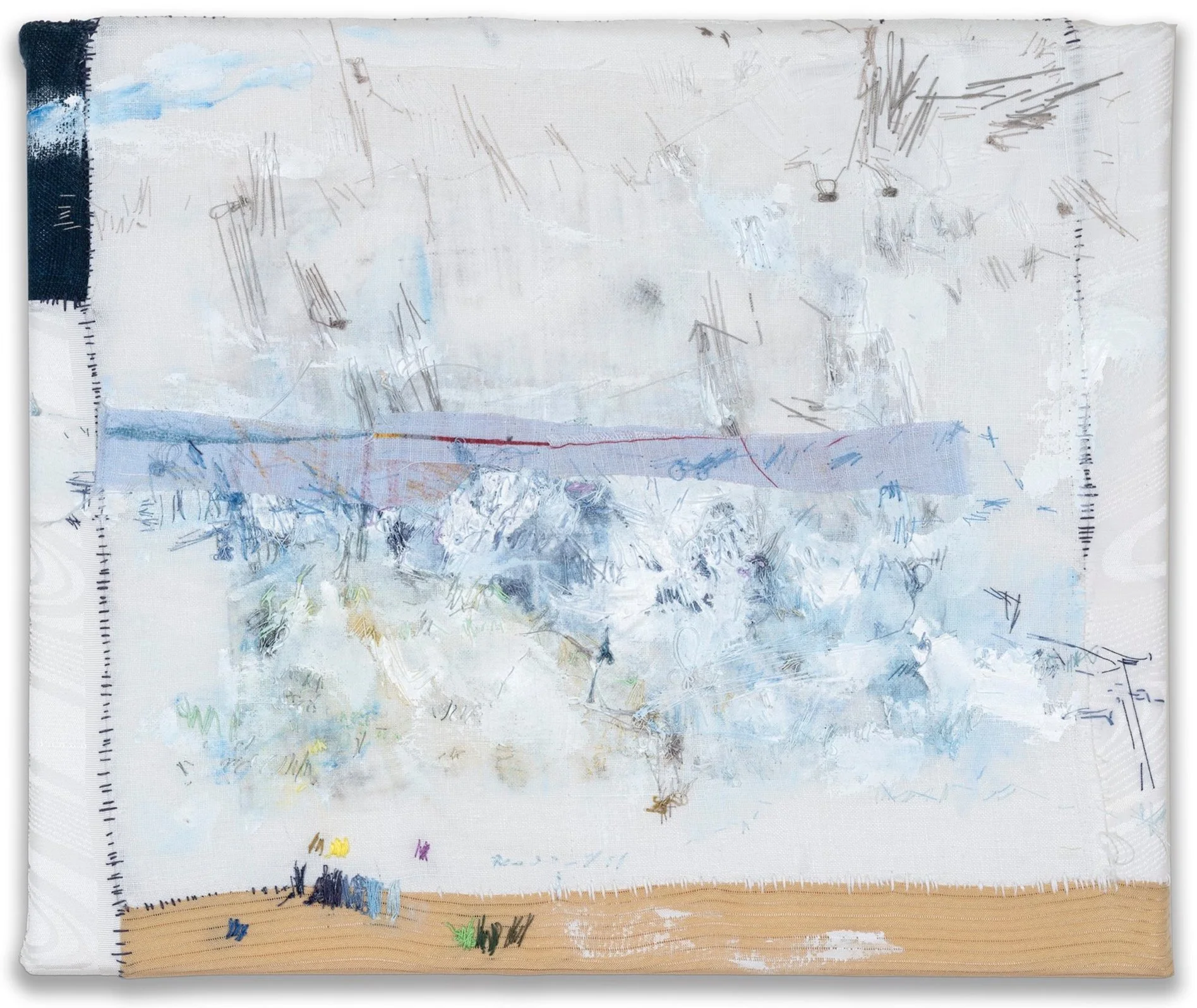 love that salty smell on a stormy day, 2025
Antique textiles, cotton thread, watercolour pencils, acrylic paint
30 x 25 cm