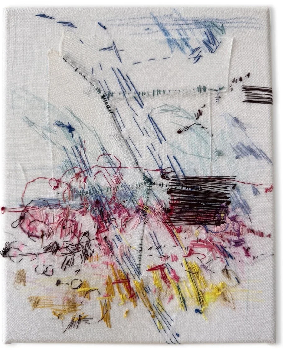 Hold onto your hat!, 2025
Antique textiles, cotton thread, watercolour pencils, wax crayons
25.5 x 20.5 cm