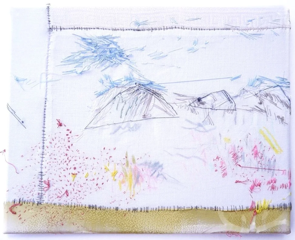 Utah mountains, 2025
Antique textiles, cotton thread, watercolour pencils, wax crayons
25.5 x 20.5 cm