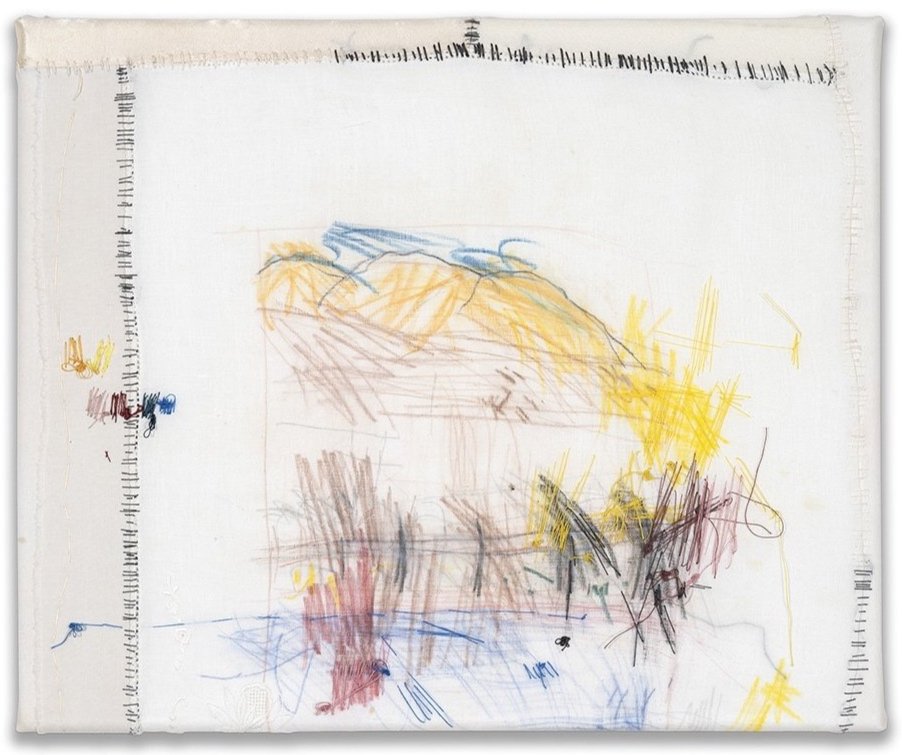 Coffee with a view, 2025
Antique textiles, cotton thread, watercolour pencils, wax crayons
30 x 25 cm