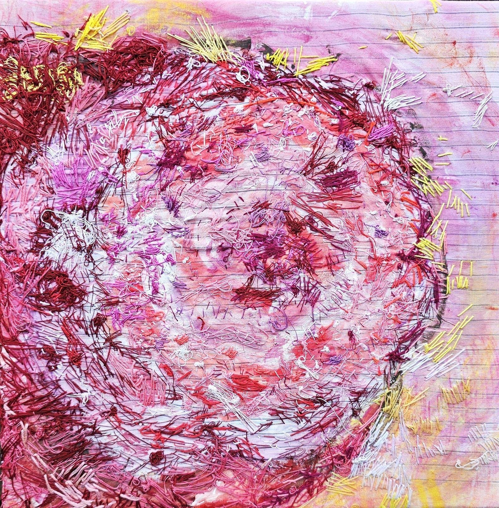 A letter in the mail, 2024
Antique textiles, cotton thread, acrylic paint
25.4 x 25.4 cm
