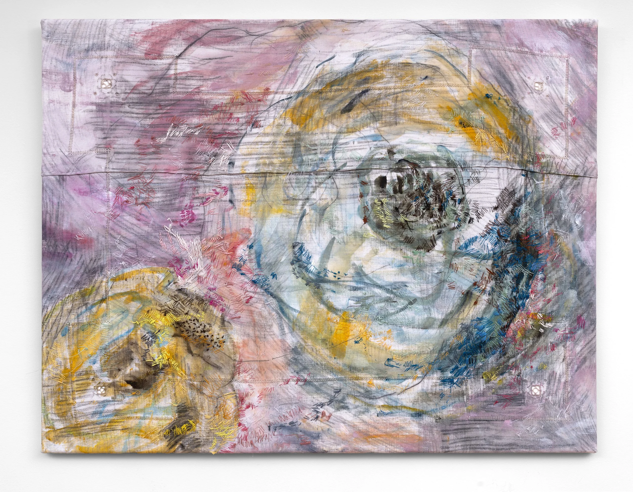 It's a long walk back home 2024
Antique textiles, acrylic paint, cotton thread
56 x 71 cm