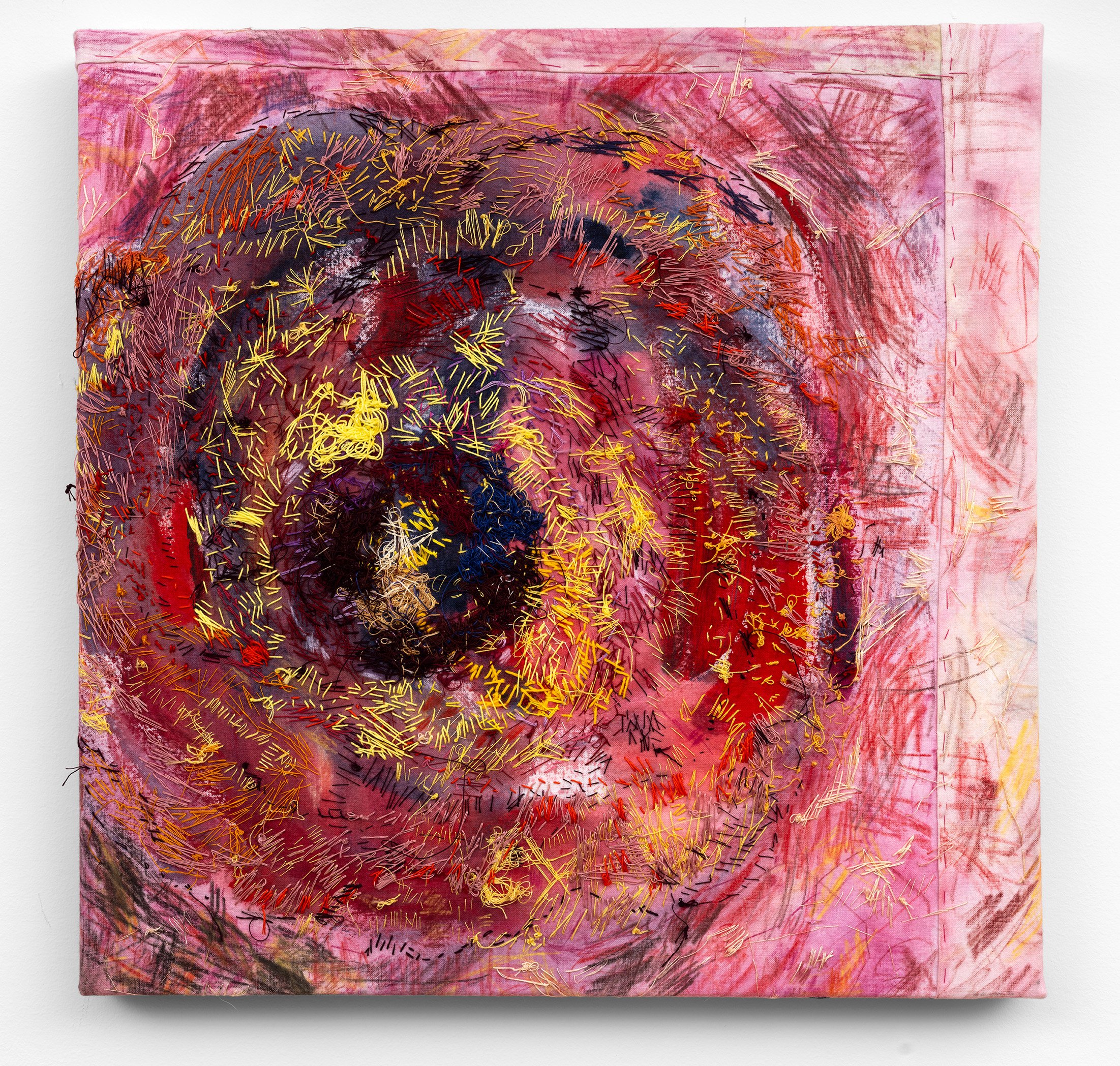 The smell of summer rain, 2023
Antique textiles, watercolour pencils, acrylic paint, cotton thread
41 x 41 cm