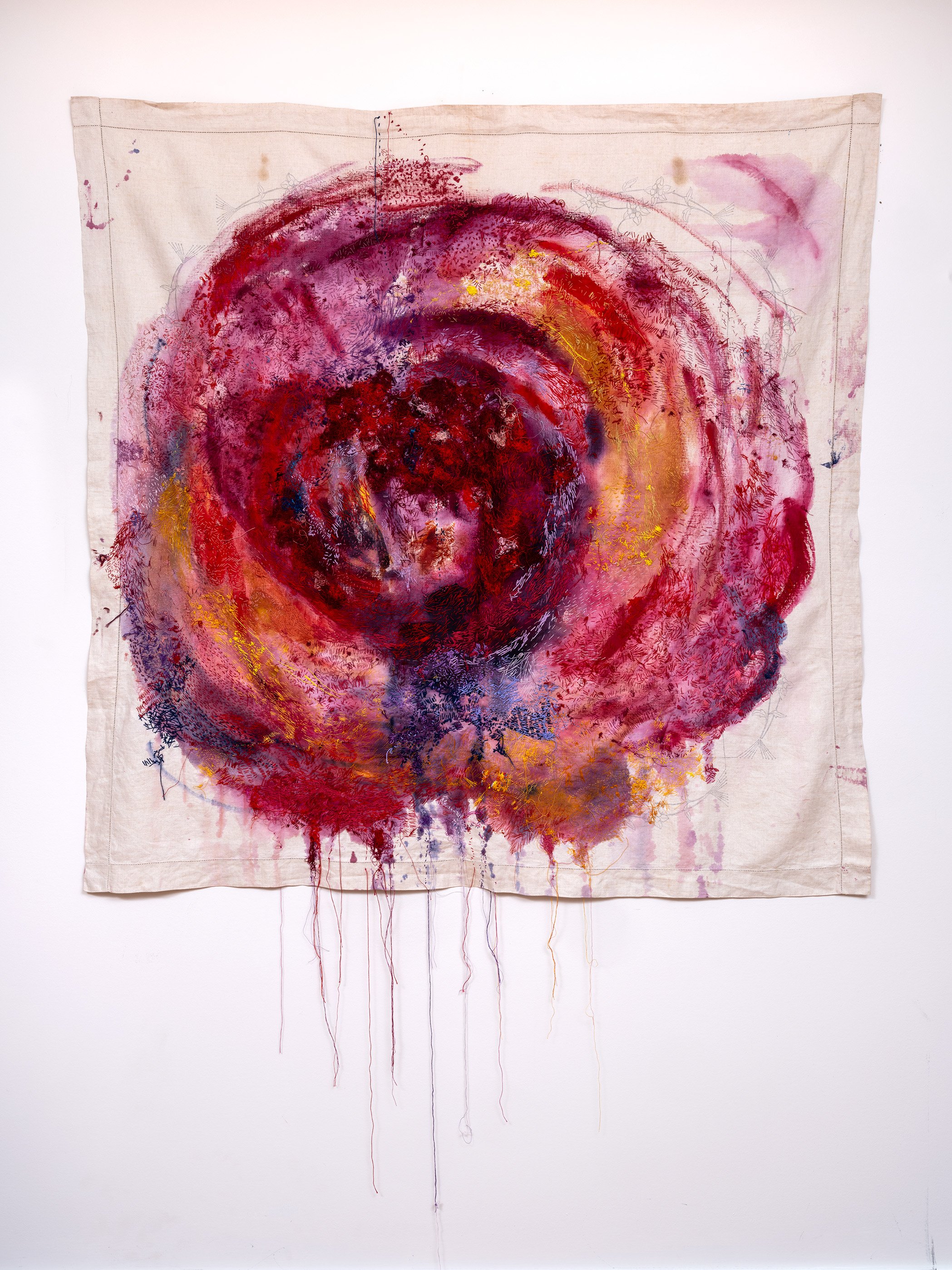 Mum's Carnations, 2023
Antique textiles, cotton thread, acrylic paint
127 x 127 cm