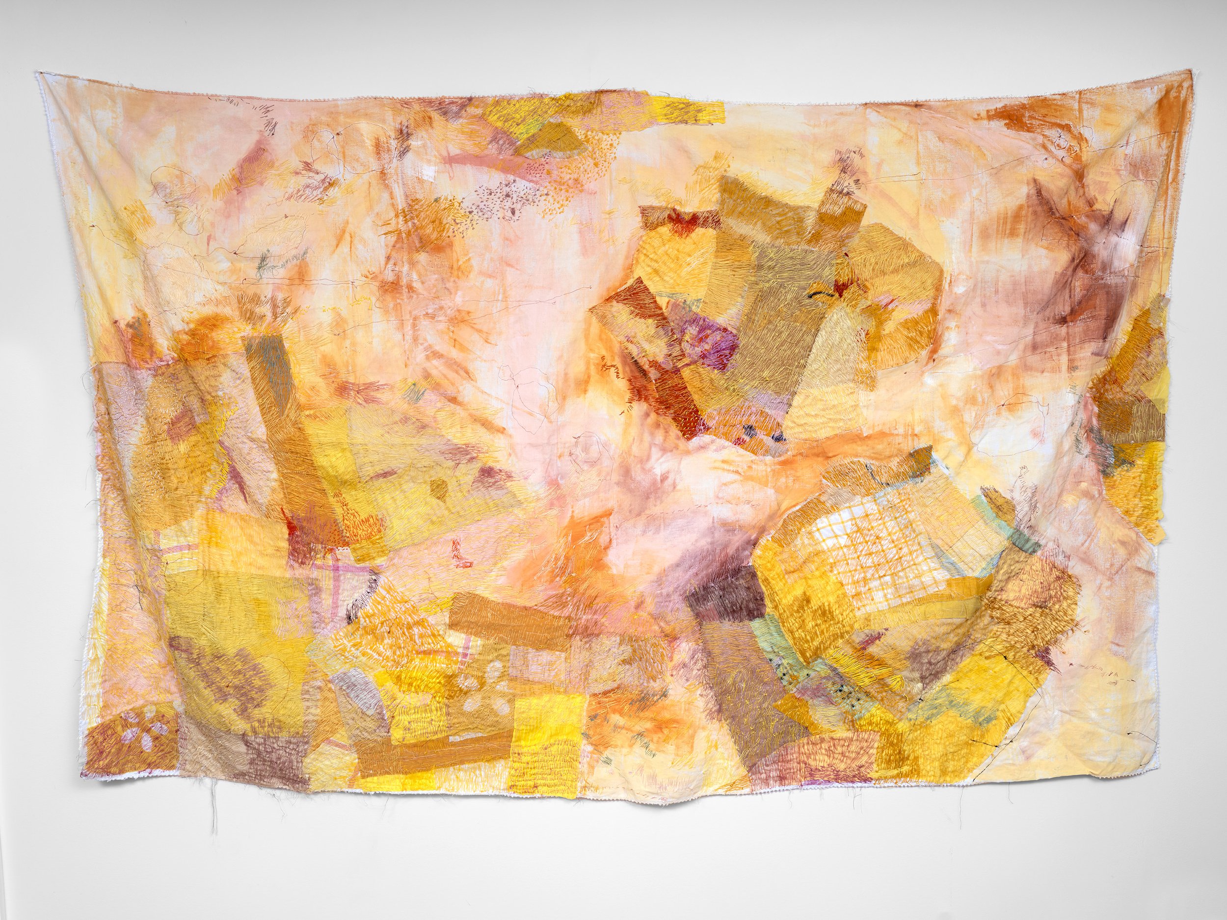 Untouched terrains. 2024
Antique textiles, cotton thread, acrylic paint
140 x 200 cm