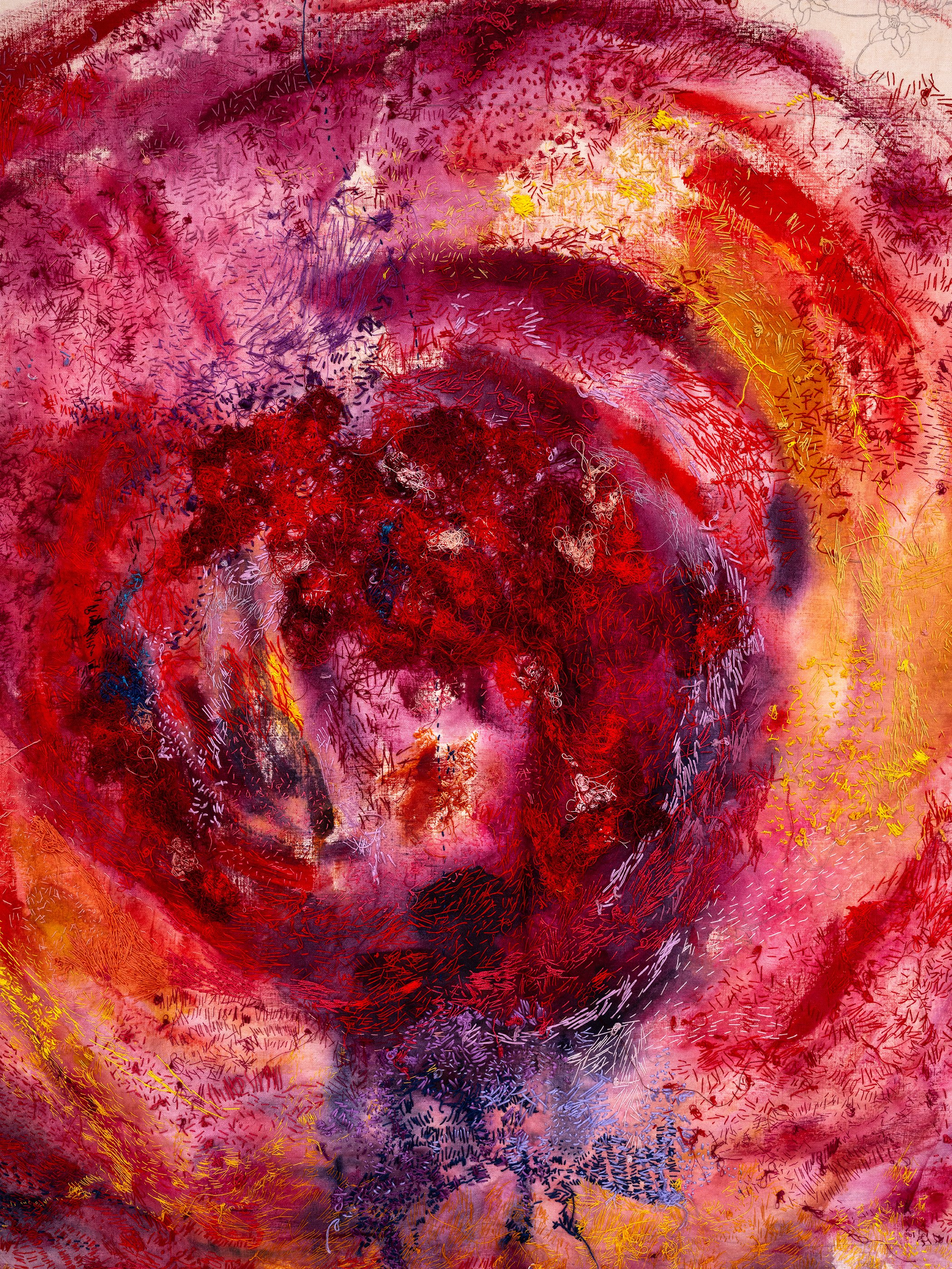 Close up
Mum's Carnations, 2023
Antique textiles, cotton thread, acrylic paint
127 x 127 cm