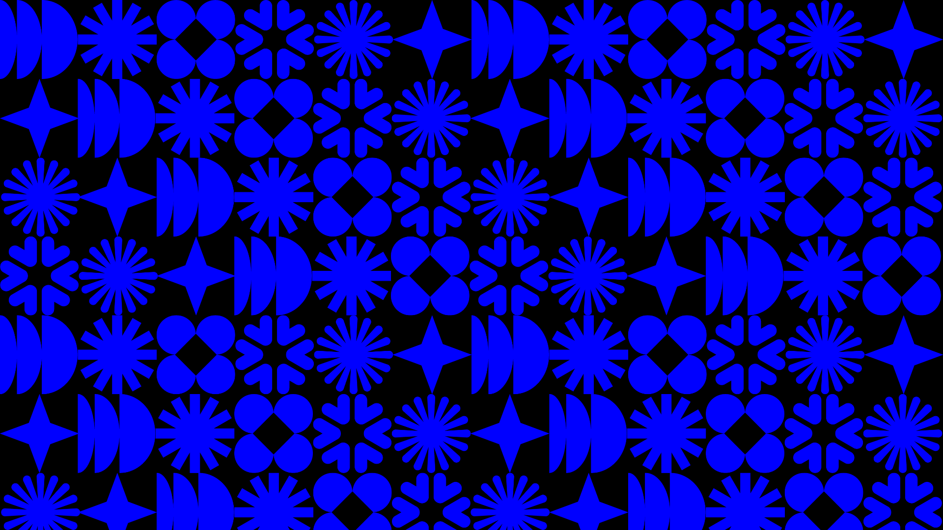 A repeating pattern of blue geometric shapes on a black background, including stars, circles, and lines.
